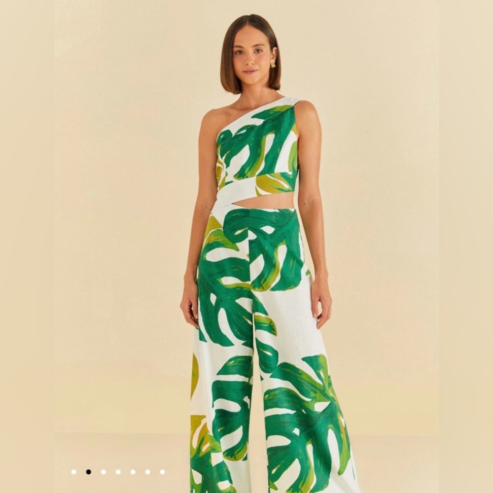 FARM Rio One-Shoulder Tropical Leaf Jumpsuit in Green and Cream - Picture 4 of 8